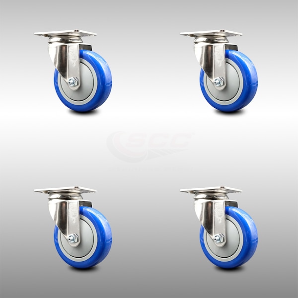 4 Inch 316SS Blue Polyurethane Wheel Swivel Top Plate Caster Set